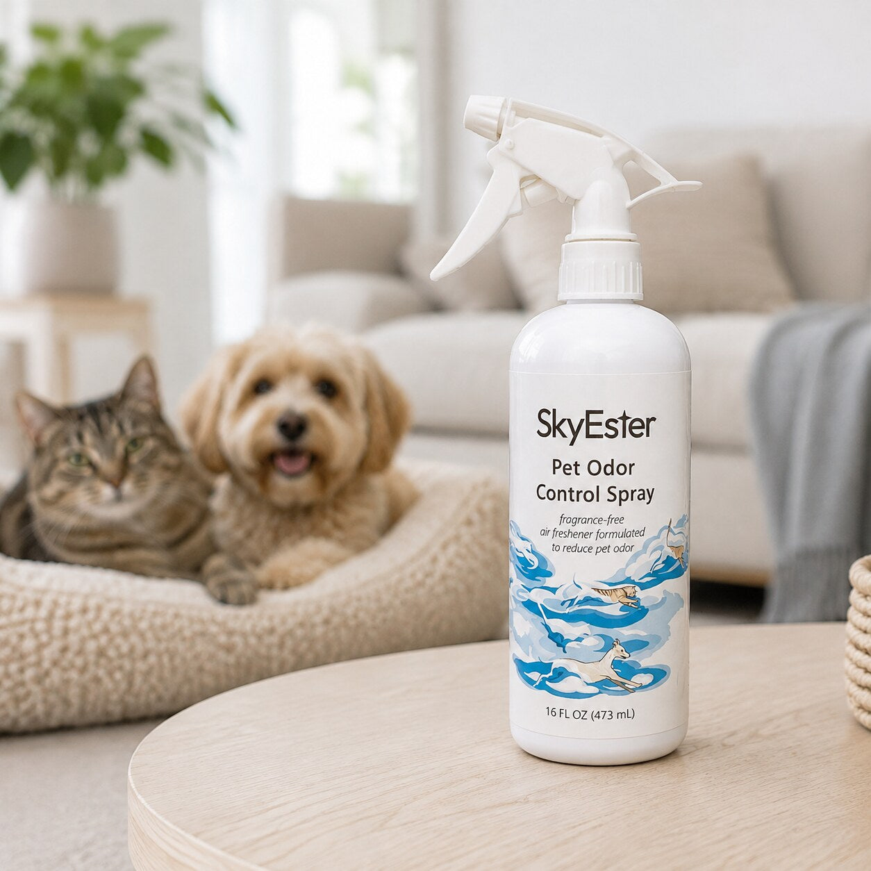 SkyEster Pet Odor Control Spray in a pet-friendly living room