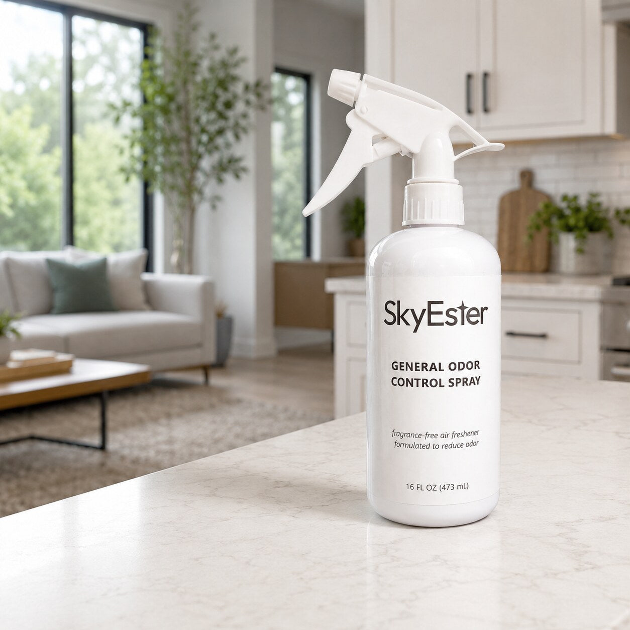 SkyEster General Odor Control Spray in a bright kitchen