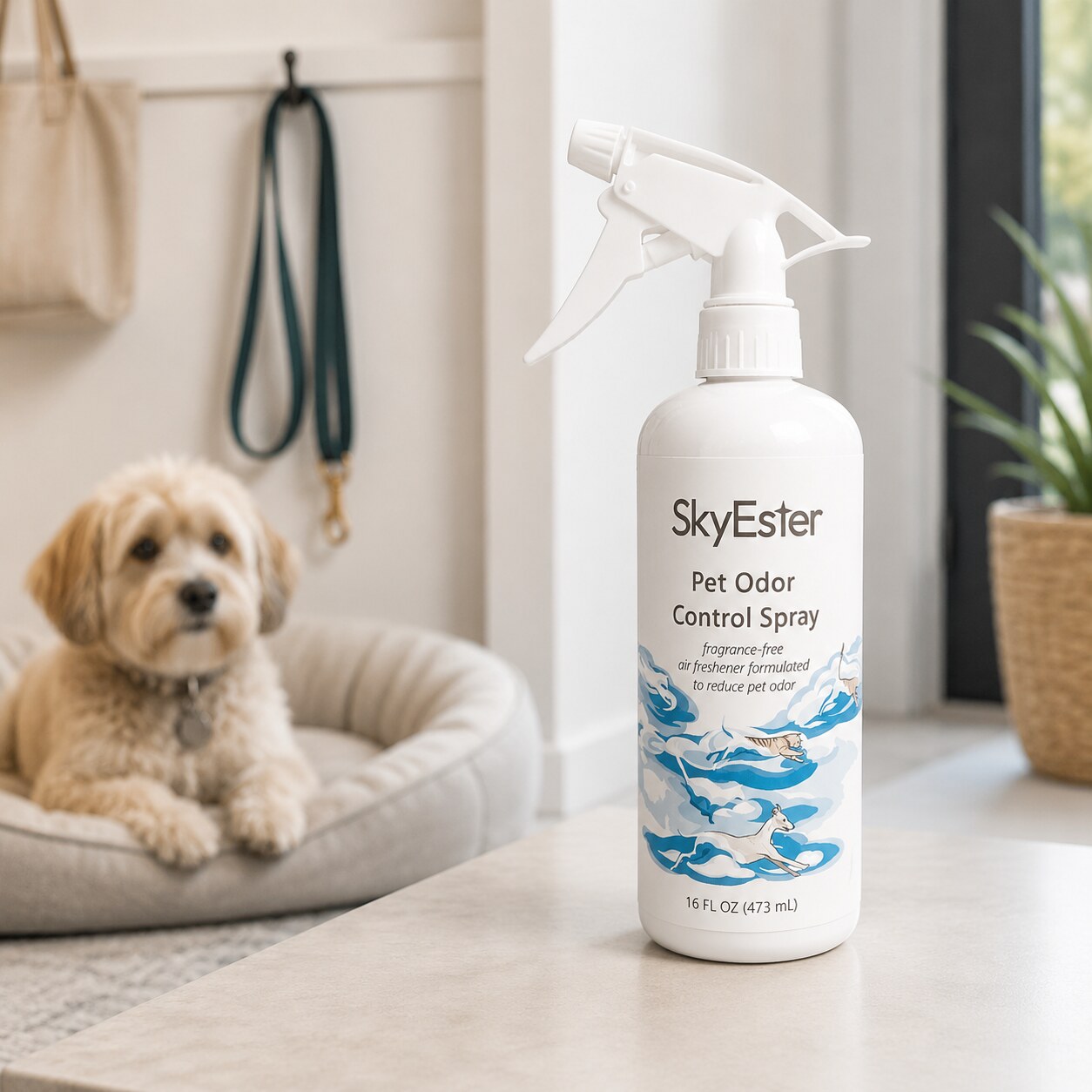 SkyEster Pet Odor Control Spray beside a dog bed