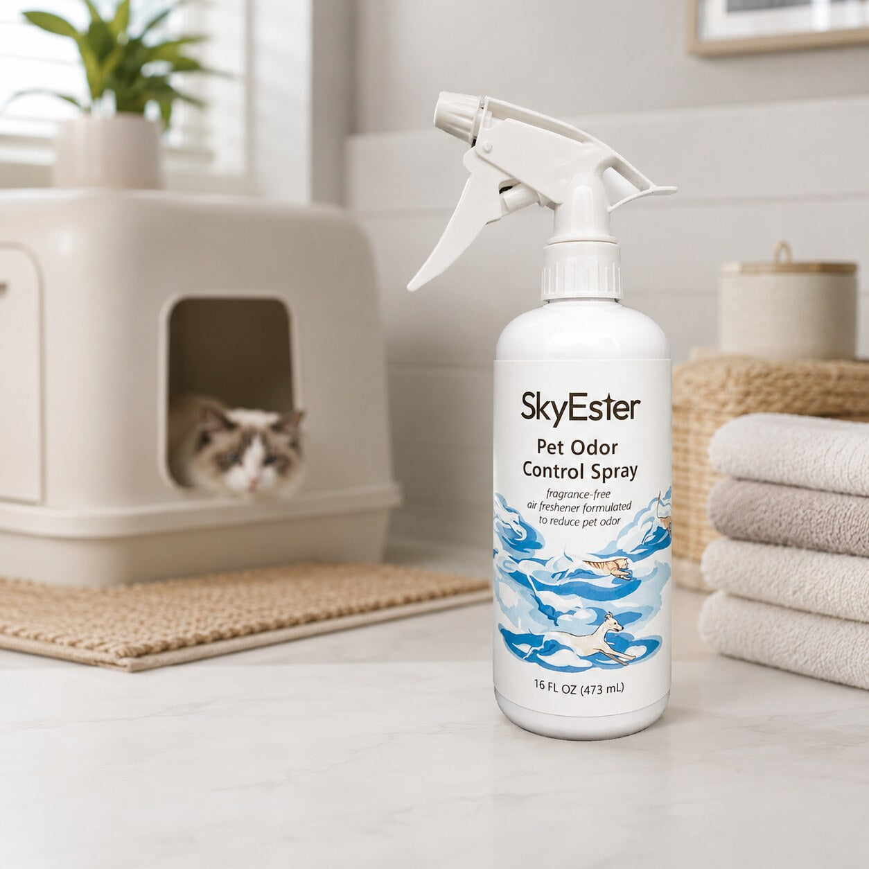 SkyEster Pet Odor Control Spray near a clean litter area