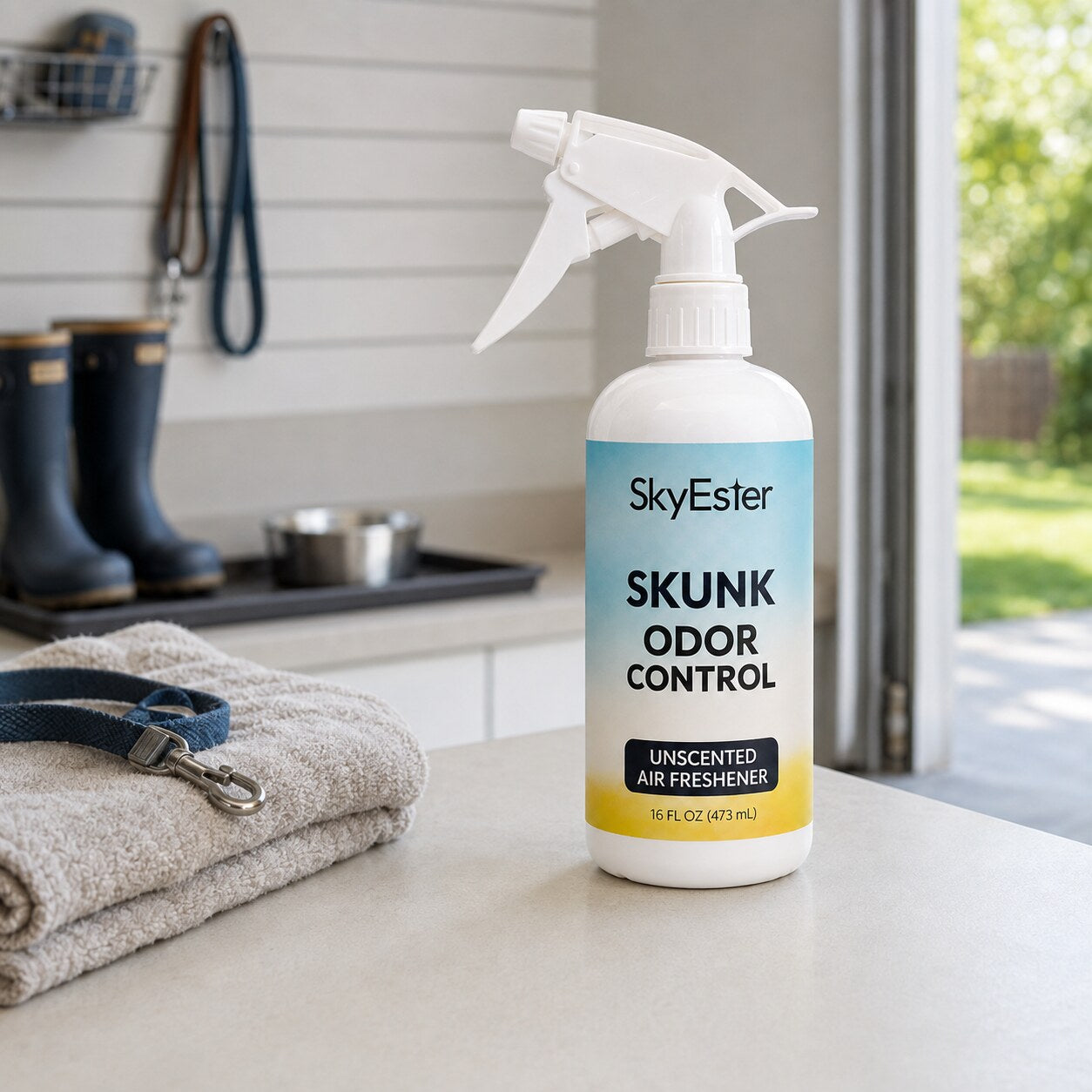 SkyEster Skunk Odor Control Spray in a garage utility area