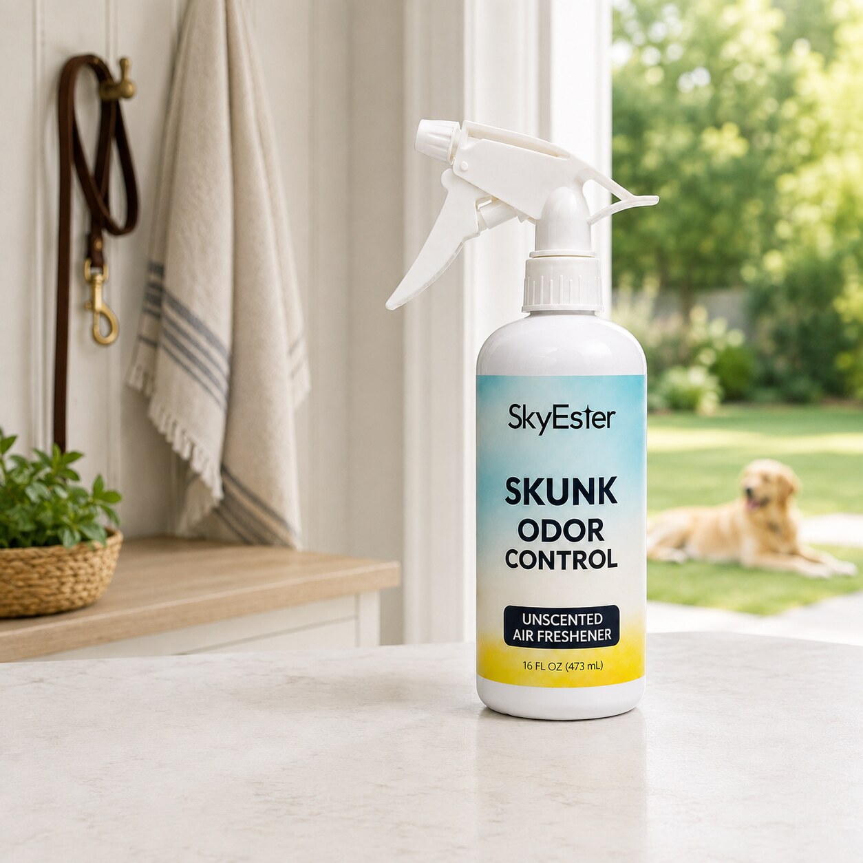 SkyEster Skunk Odor Control Spray in a mudroom