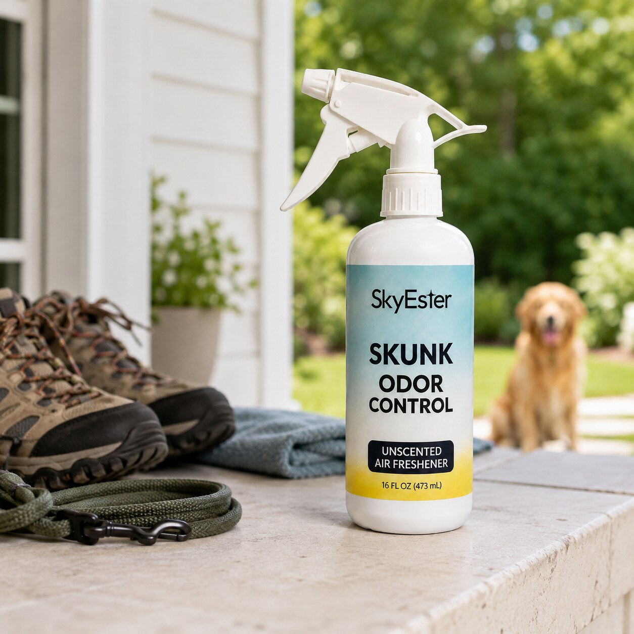 SkyEster Skunk Odor Control Spray with outdoor gear on a porch