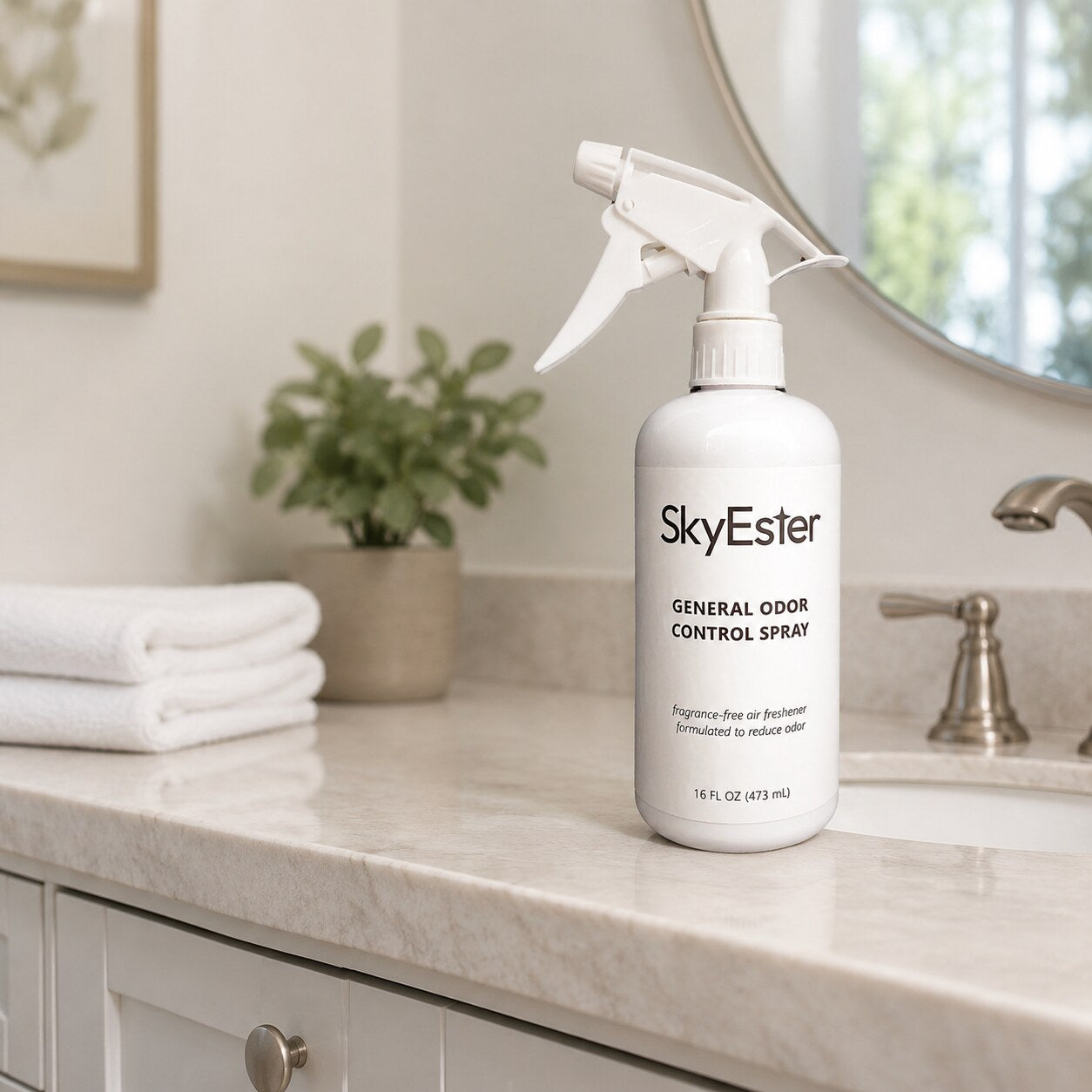 SkyEster General Odor Control Spray in a guest bathroom